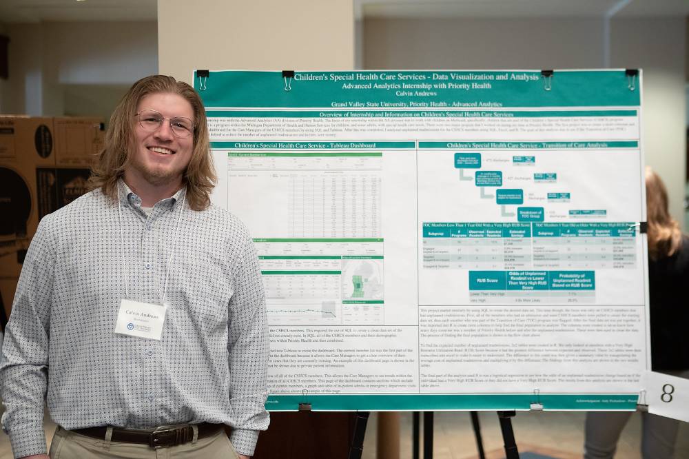 Biostatistics graduate student, Calvin Andrews, standing in front of his poster.